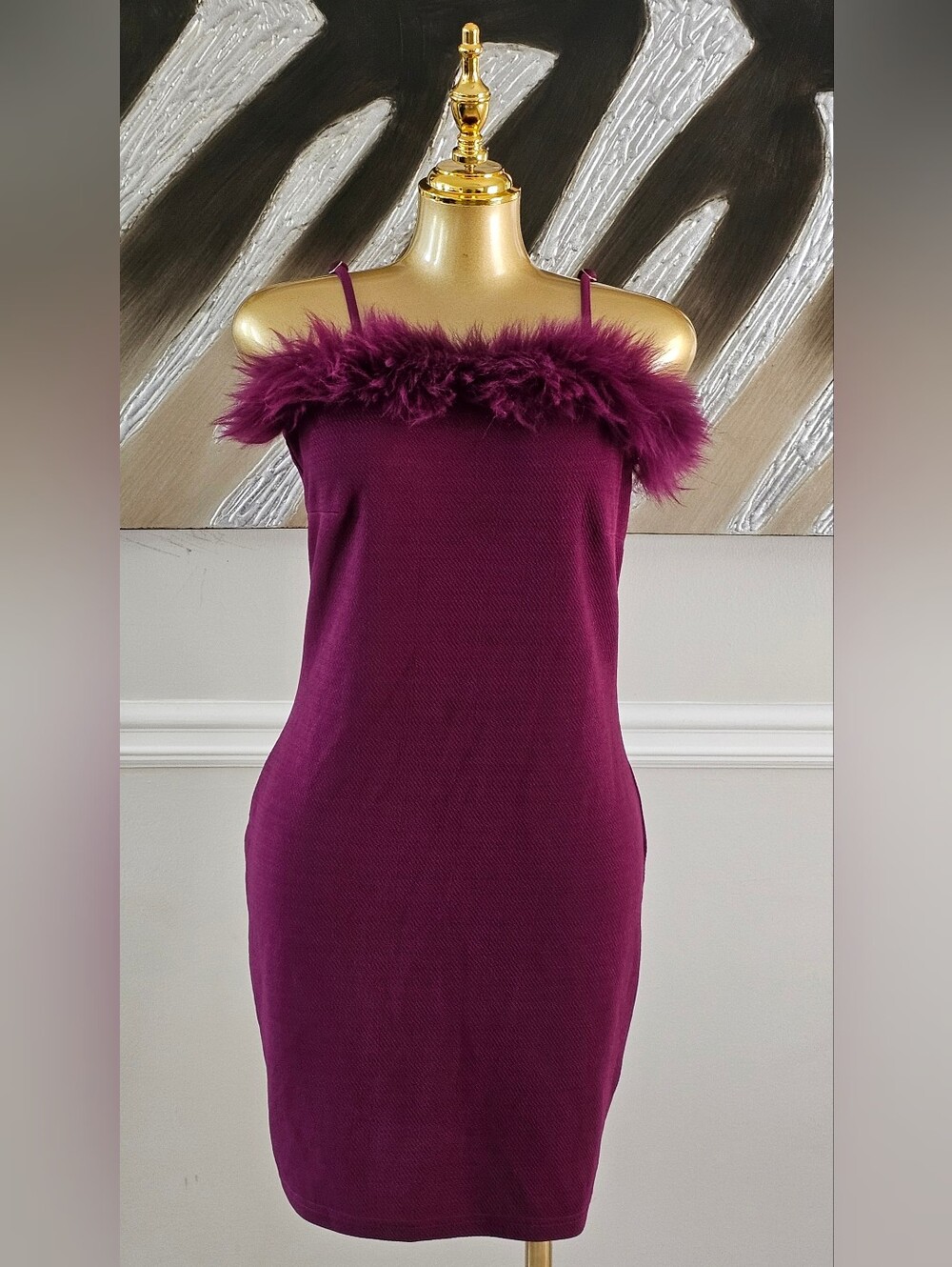 Luv Nyc Feather Trim Bodycon Mini Dress Purple Spaghetti Strap Women's Large